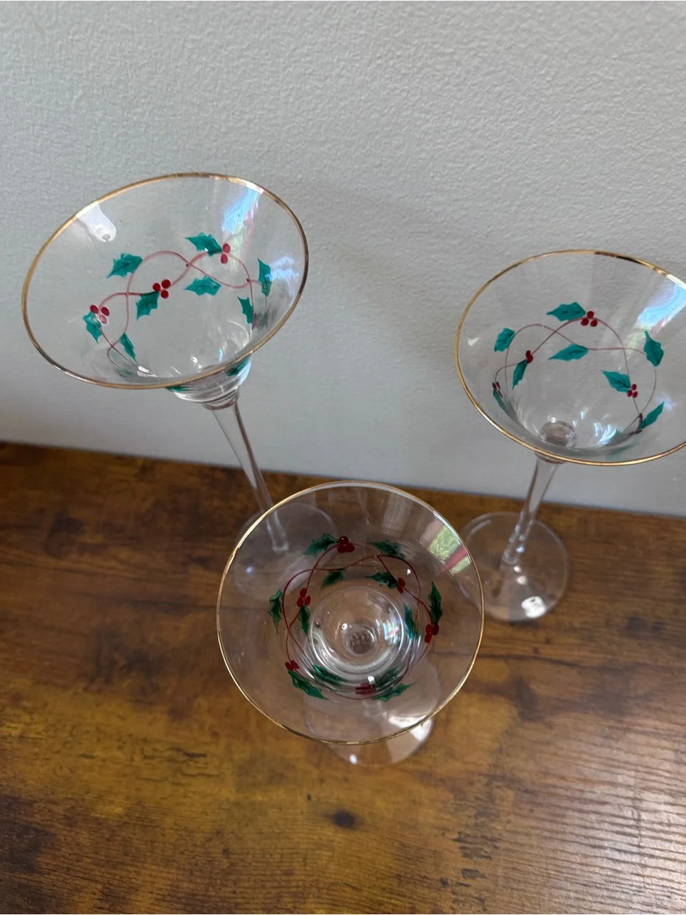 Trim A‎ Home Christmas Glass Voti­ve Candle Holders Tartan Ribbon Holly Set of 3